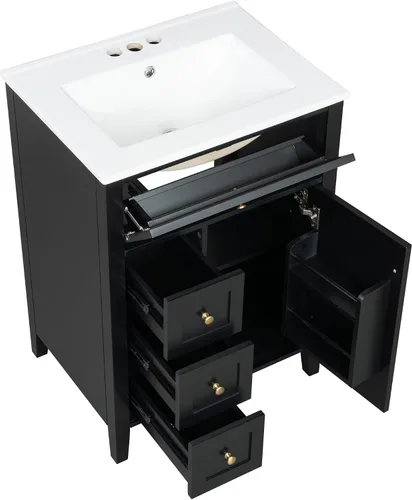 Vista 9 de Harper & Bright Designs Tocador de baño de 24 pulgadas con lavabo, juego de tocador independiente con 4 cajones, estantes de almacenamiento y Negro