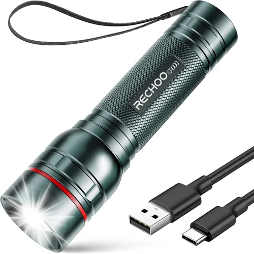 Vista 20 de RECHOO Linternas recargables de alta luminosidad, G1000 súper brillante, pequeña linterna LED con zoom y 3 modos de iluminación, linterna táctica