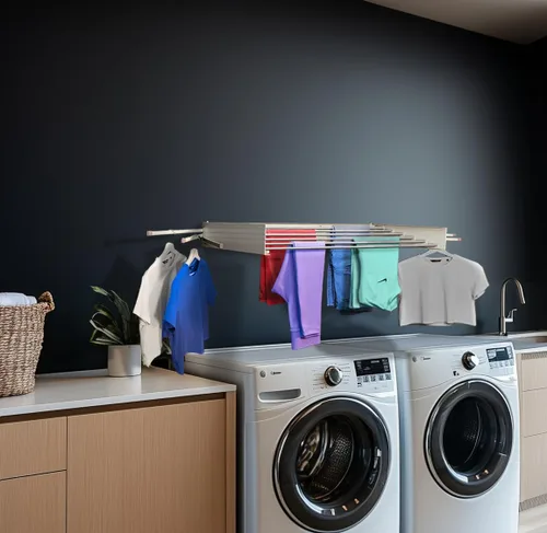 Vista 8 de MODERN-X Escurridor de ropa montado en la pared con 6 brazos giratorios, 35 pulgadas de ancho, 26 pies lineales de espacio de secado de lavandería
