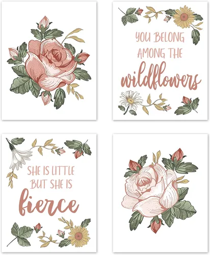 Vista 7 de Sweet Jojo Designs Impresiones artísticas de pared de hojas florales rosas y blancas rubor, decoración de habitación para bebés, guardería y niños