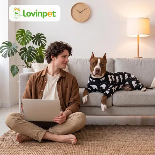 Vista 8 de LovinPet Mono grande para perros, camisas elásticas de algodón con estampado de animales, ropa completa para perros perfecta para evitar que lamen