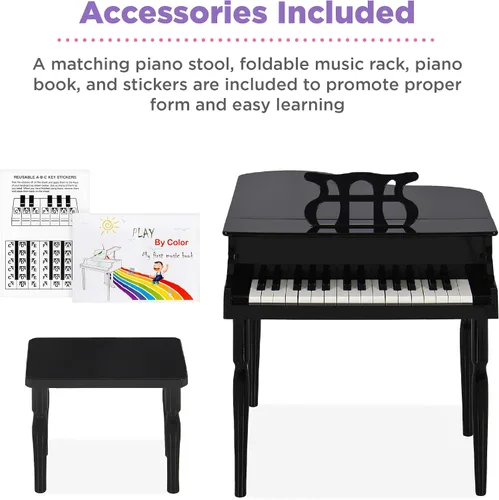 Vista 4 de Grand piano de madera con 30 teclas, juguete para niños color negro con asiento.