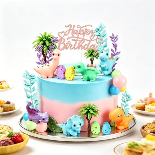 Vista 6 de 35 adornos de dinosaurios para tartas con huevos de dinosaurio, hojas, rosa, morado, azul, amarillo, verde, bolas para decoración de pasteles