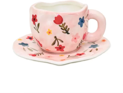 Vista 12 de Noviko Taza de Cerámica a Cuadros Juego de Taza de Té y Platillo de 10 onzas