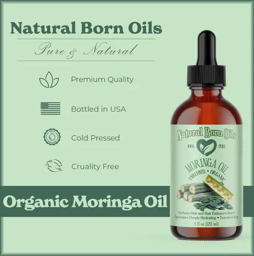 Vista 4 de Natural Born Oils Aceite de moringa, 8oz, orgánico, prensado en frío, rico en vitaminas A y C, ideal para hidratar la piel, fortalecer el cabello