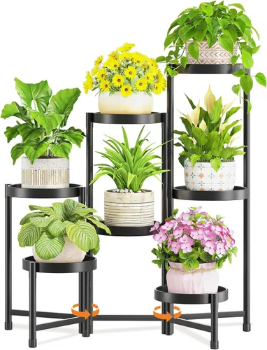 Vista 11 de LASZOLA Soporte alto plegable para plantas de 5 niveles para interiores y exteriores, para macetas grandes, estante ajustable de metal resistente
