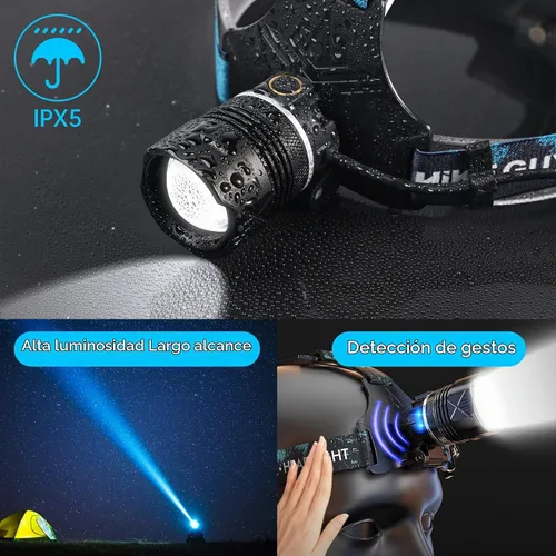 Vista 5 de Faro de Cabeza LED Recargable, Linterna de 1500 Lúmenes Super Brillante con 6 Modos y Luz de Advertencia IPX5, Banda Ajustable con Sensor