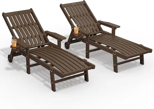Vista 31 de THOEOE Juego de 2 tumbonas para exteriores, silla de piscina HDPE, madera