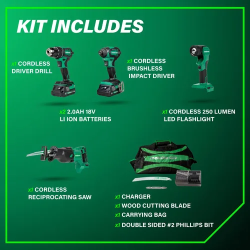 Vista 7 de Metabo HPT Taladro Percutor Inalámbrico MultiVolt™ de 18V, Destornillador de Impacto, Sierra Recíproca, y Linterna Kit Combinado de 4 Piezas