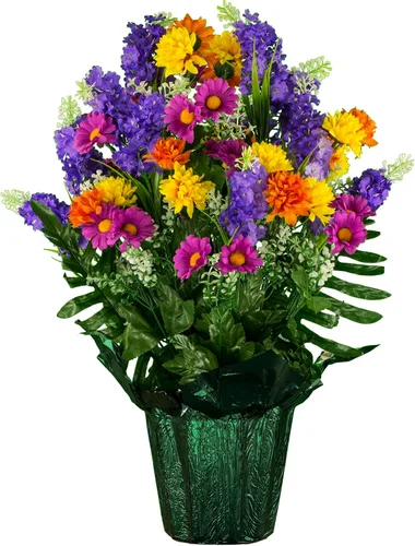 Vista 29 de Sympathy Silks Flores artificiales para cementerios – Decoraciones para tumbas - 1 ramo de flores silvestres de violeta púrpura y naranja, 1 montura