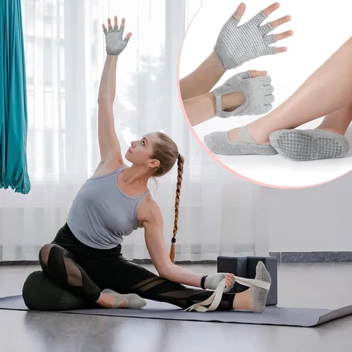 Vista 5 de Shihanee 6 pares de guantes de yoga antideslizantes para pilates, con agarre para mujer, guantes de silicona con agarre de puntos, calcetines sin