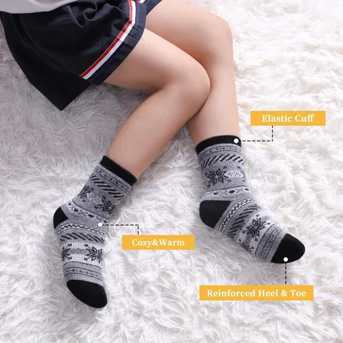 Vista 2 de FNOVCO Kids Merino Wool Hiking Socks Toddlers Boys Girls Cozy Thermal Winter Thick Warm Crew Socks 6 Pairs