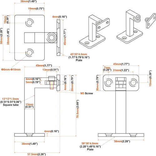 Vista 3 de RealPlus Soportes de pasamanos ajustables resistentes giratorios cuadrados para escaleras de escalera, paquete de 3