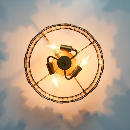 Vista 3 de Lámpara de techo de latón antiguo en forma de tambor, lámpara Tiffany semiempotrada de 12.5 pulgadas con vidrio verde Mable, iluminación colgante