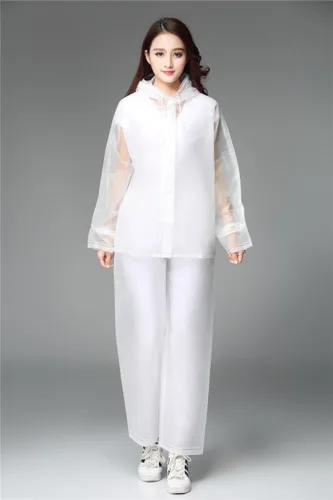 Vista 3 de Freesmily Chubasquero reutilizable transparente para mujeres y hombres, impermeable, traje de lluvia, conjunto de pantalones con capucha