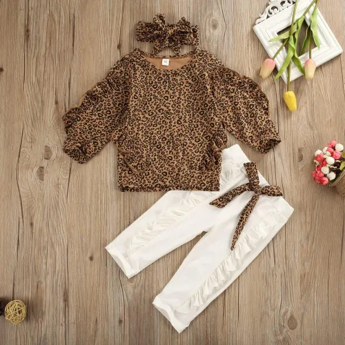 Vista 3 de Conjunto de 2 piezas de ropa de otoño e invierno para niña pequeña, camiseta de manga larga abombada, pantalones largos rectos, conjunto de 2 piezas