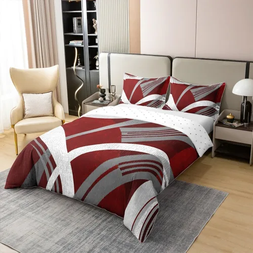 Vista 3 de jejeloiu Juego de funda de edredón a rayas 100% algodón, diseño geométrico, 100% algodón, decoración de habitación, diseño geométrico, rojo y gris