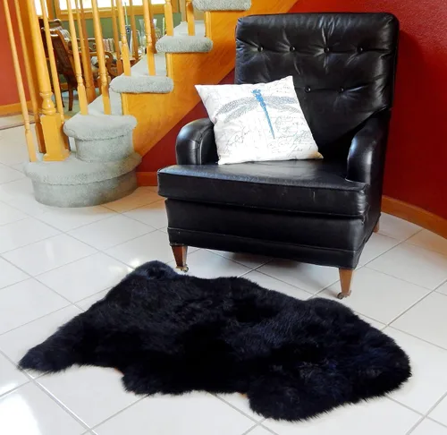 Vista 5 de HUAHOO Alfombra de piel de oveja genuina prémium Negra Real de Australia Piel de oveja natural de lujo, alfombra esponjosa de lana de cordero