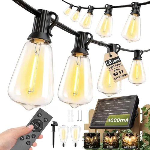 Vista 18 de Achin Luces de Cadena LED Regulables para Exteriores de 100 Pies, Luces de Patio Impermeables con 50+3 Bombillas Irrompibles ST38, Luces de Cadena