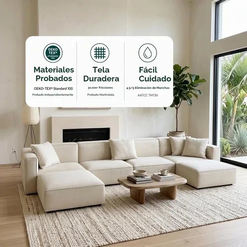 Vista 3 de Acanva Juego de Sofá Seccional Modular de Lujo para Sala de Estar, Sofá de Estilo Moderno Minimalista con Otomana y Chaise, Forma de U, Crema
