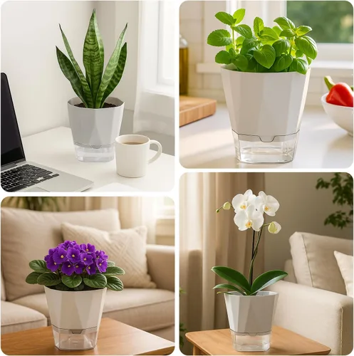 Vista 7 de Paquete de 6 macetas de riego automático de 5 pulgadas, macetas de riego automático para plantas de interior y exterior, macetas de riego automático