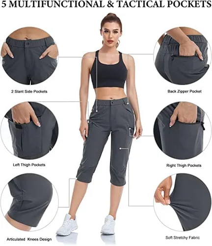 Vista 5 de Panmouo Pantalones tipo cargo para mujer, pantalones capri ligeros, de secado rápido, transpirables, capris