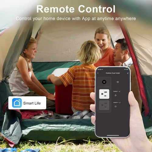 Vista 4 de Enchufe inteligente WiFi para exteriores, enchufes inteligentes que funcionan con Google Home para control de voz, control remoto inalámbrico por