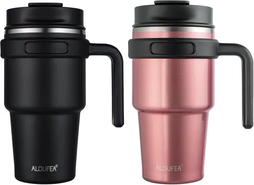 Vista 23 de Taza de café aislada de 20 onzas con asa, vaso de viaje de acero inoxidable con tapa y popote, taza térmica de doble pared al vacío a prueba de Negro