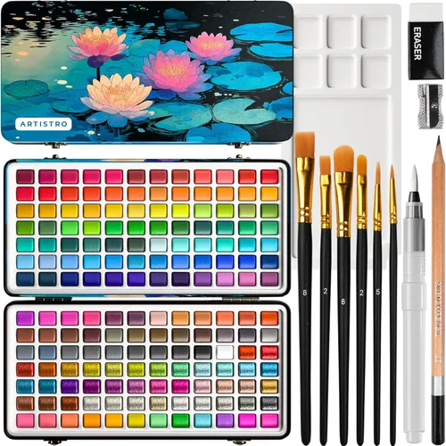 Vista 9 de ARTISTRO Juego de 18 pinturas de acuarela metálicas, juego de paleta que incluye 12 acuarelas metálicas con purpurina y 6 colores camaleón. Juego