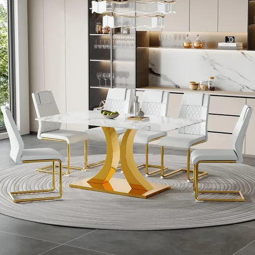 Vista 17 de Juego de mesa de comedor de mármol para 4, moderna mesa de oro blanco de 63 pulgadas con patas de marco de forma intercambiable y sillas de comedor
