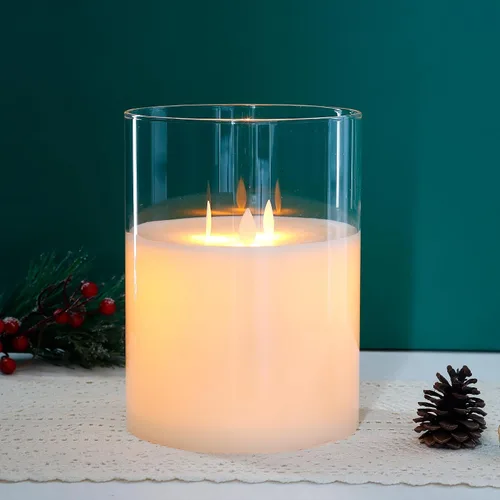 Vista 5 de JHY DESIGN Velas de cristal sin llama de 3 mechas de 8 pulgadas de alto operadas por batería con llama danzante parpadeante LED velas tipo pilar