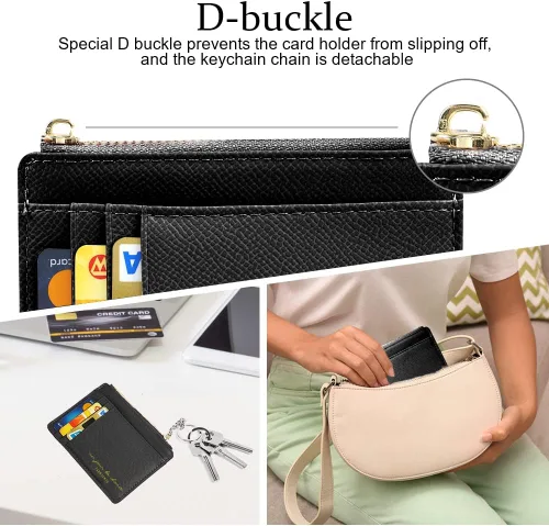Vista 104 de URAQT Cartera para tarjetas de crédito, cartera minimalista de cuero delgado con cremallera, mini protector de tarjeta de crédito, llavero bolsillo