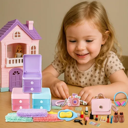 Vista 7 de Juego de 116 piezas de accesorios para casa de muñecas, herramientas de maquillaje, artículos de tocador de baño, bolso para bricolaje, micro