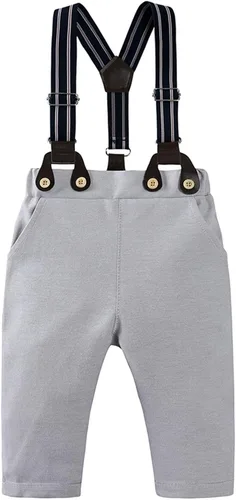 Vista 4 de TAOJIAN Conjunto de traje de caballero para niños pequeños, mameluco con botones para recién nacido+pantalones con tirantes desmontables+pajarita +
