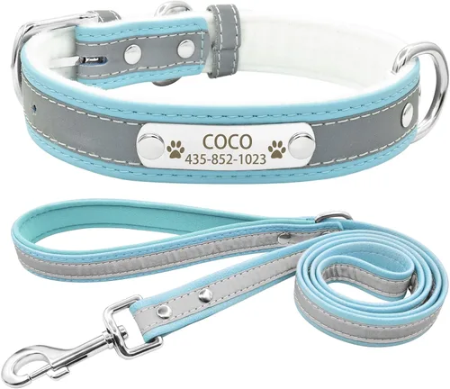 Vista 9 de Collar de perro de cuero reflectante personalizado con forro cálido, collar de perro personalizado con placa de nombre grabada para perros y gatos