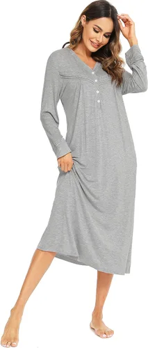 Vista 5 de Vlazom Camisones para mujer, cómodo, cálido, de manga larga, suave, con botones, con bolsillos, talla XXL