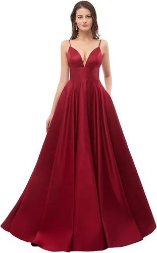 Vista 2 de Vestidos largos de satén con tirantes delgados vestido de dama de honor acampanado cuello en V vestidos formales de noche para mujer