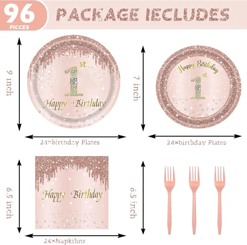 Vista 2 de 24 juegos de decoración de cumpleaños de oro rosa para niñas 1 juego de platos y servilletas y tenedores suministros de fiesta para niños de 1 año