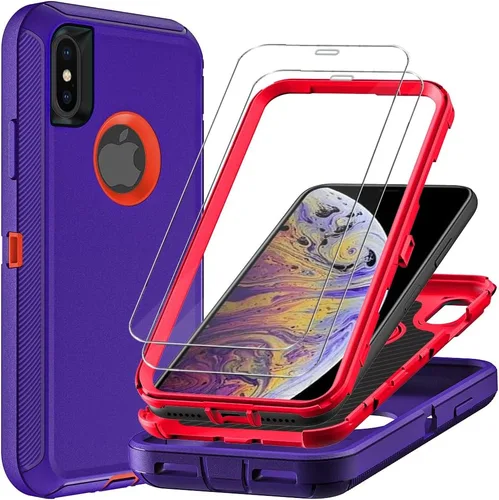 Vista 7 de Funda para iPhone Xs Max con 2 protectores de pantalla de vidrio templado, grado militar 3 en 1, resistente a prueba de golpes, caídas y polvo