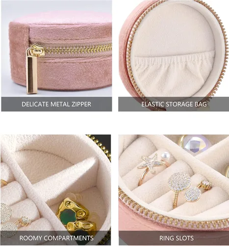 Vista 4 de TAIMY Joyero de viaje de terciopelo pequeño estuche redondo de viaje para mujeres y niñas mini cajas organizadoras de viaje portátiles para anillos
