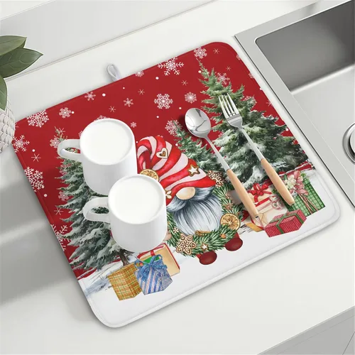 Vista 8 de Kawani Tapete de secado de platos de gnomo de Navidad para encimera de cocina, gnomos de Navidad, copos de nieve, almohadilla de secado de platos