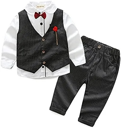 Vista 2 de Conjunto de traje formal de caballero para niños 4 piezas camisas de manga larga con corbatín pantalones chaleco trajes para niños negro 4-5 años