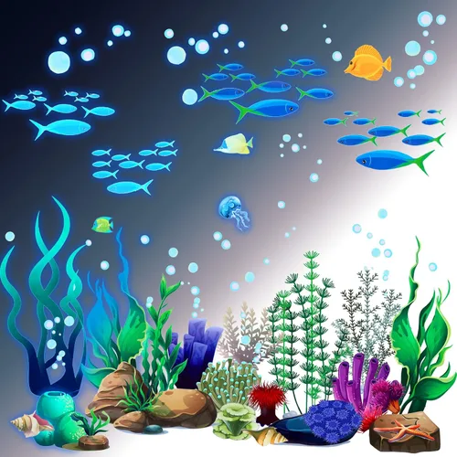 Vista 7 de Zonon Calcomanías de pared bajo el mar, arrecife de coral y algas marinas, calcomanías de pared de océano, calcomanías de decoración submarina