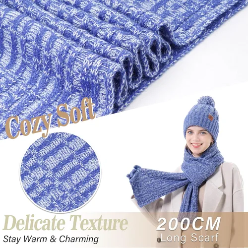 Vista 4 de Conjunto de bufanda larga de punto acanalado con forro polar y gorro para pantalla táctil, regalos para mujer
