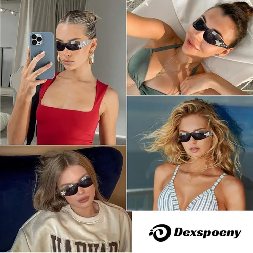 Vista 7 de 2 lentes de sol Star Y2K para mujer, sin marco, Y2K envolventes, plateados, estéticos Y2K