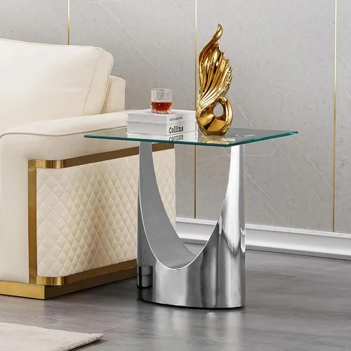 Vista 15 de Mesa auxiliar de cristal dorado de lujo, moderna mesa de centro cuadrada para sofá con base de acero inoxidable con espejo brillante, mesa de noche