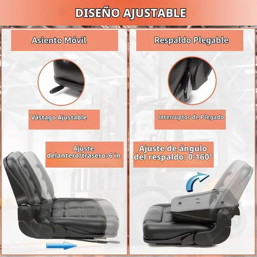 Vista 2 de Asiento universal de carretilla elevadora, asiento de tractor con respaldo de ángulo ajustable, micro interruptor y deslizante, para tractor