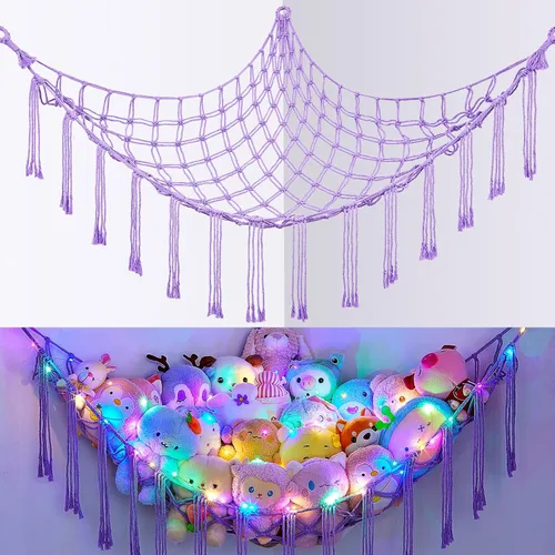 Vista 9 de Basumee Hamaca de animales de peluche con red de esquina de luz LED Crema