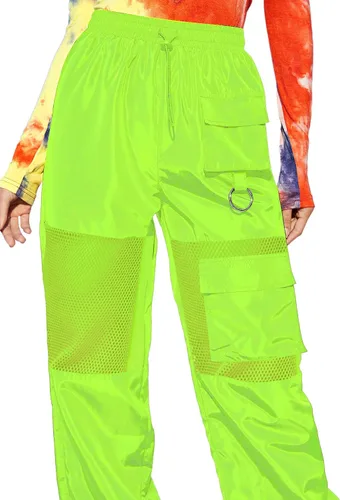 Vista 4 de Floerns Pantalones cargo deportivos de cintura alta con cordón en contraste de malla para mujer