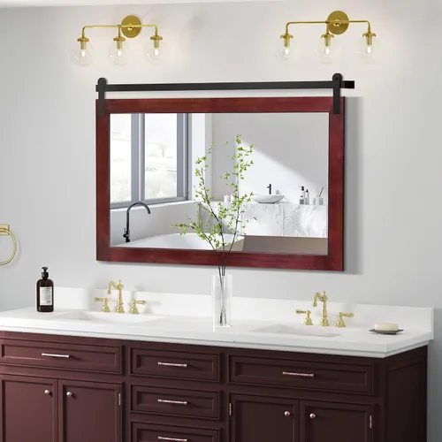 Vista 30 de COGOOD Espejo de puerta de granero de granja, 25 x 18 pulgadas, espejo decrativo con marco de madera rústica para baño, sala de estar, decoración